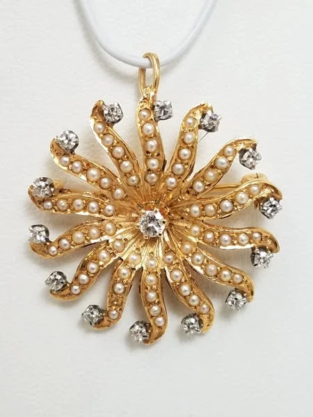 Pink gold brooch-Vintage Starburst Natural Diamond + Seed Pearl 14k Gold Pendant/Brooch