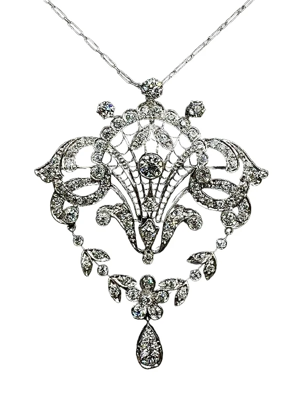 Small wing brooch-Edwardian Old European Diamond Platinum Brooch Pendant Necklace Circa 1910