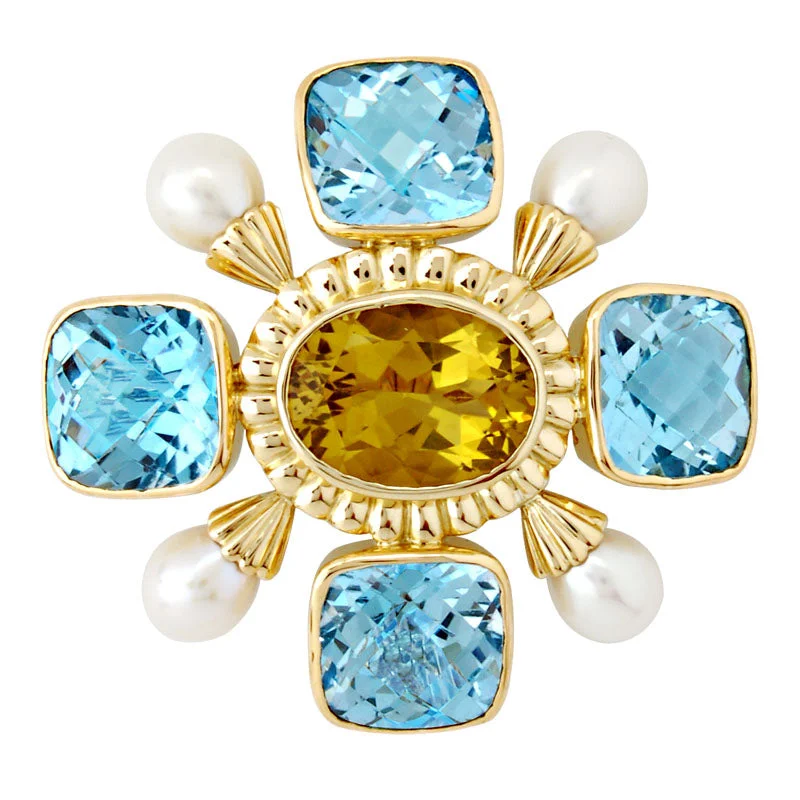 Dual-metal brooch-Brooch-Lemon Quartz, Blue Topaz and Pearl