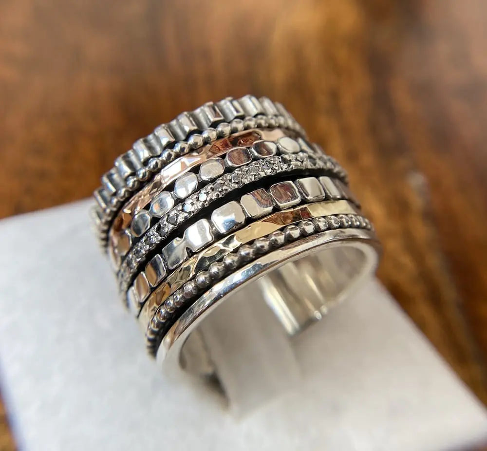 Glossy band rings-Yaron Morhaim Silver Gold Zirconia Spinning Ring