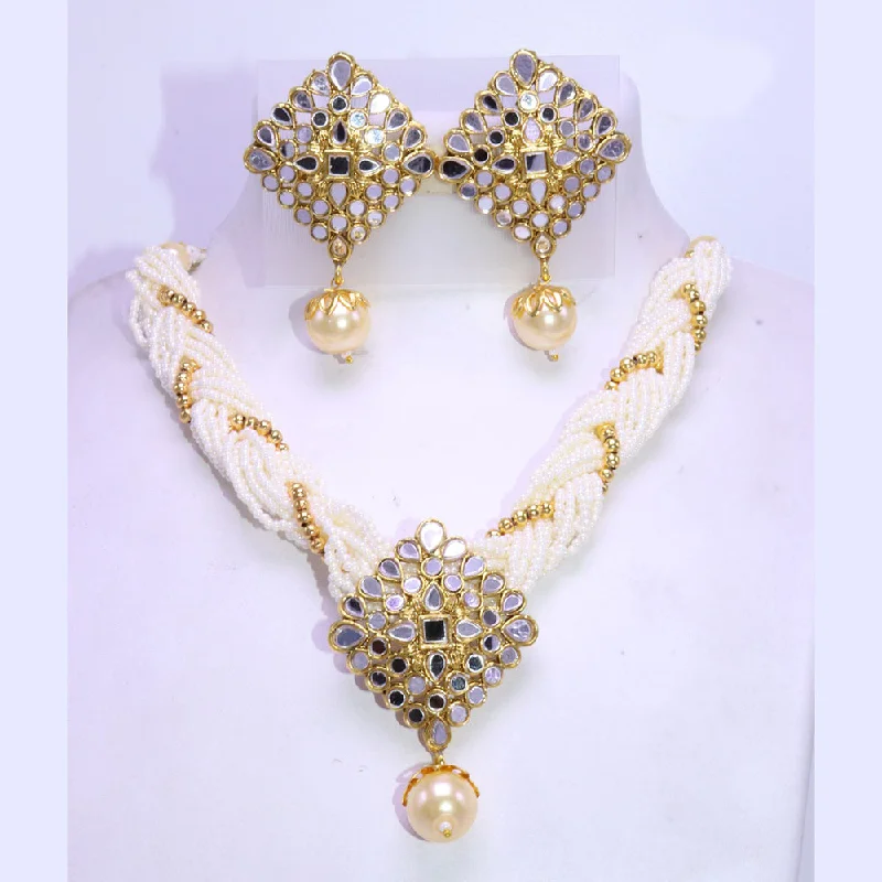 Curved pendant necklaces-Corbeda Fashion Gold Plated Mirror And Pearl  Necklace Set