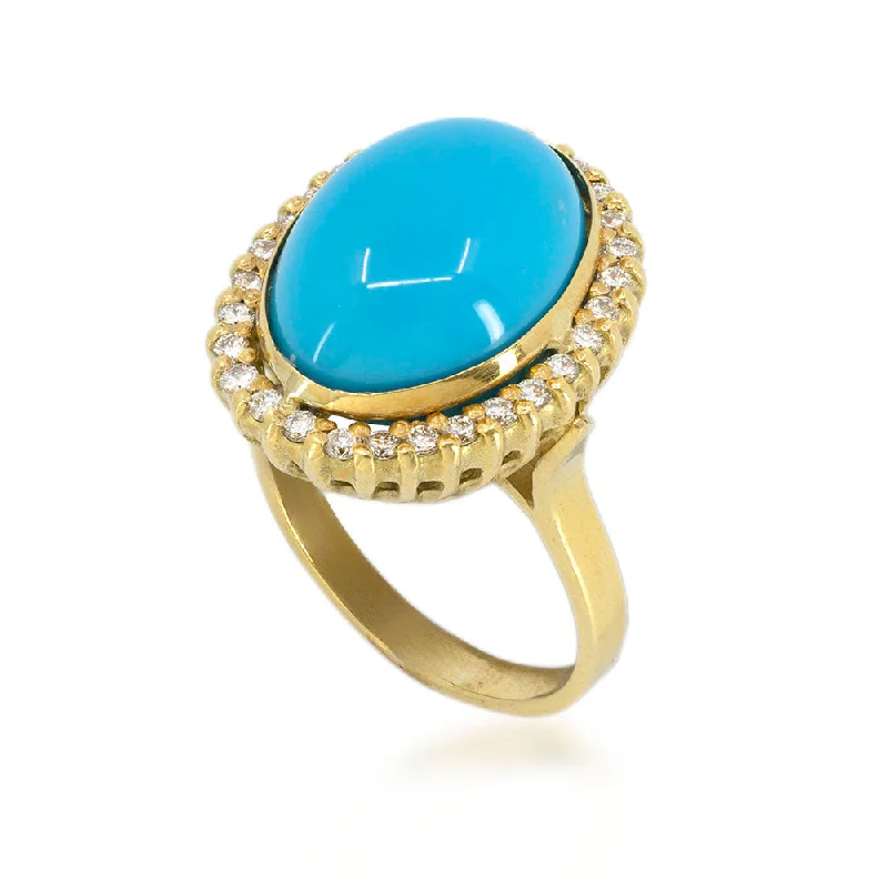 Sapphire inlay rings-Oval Turquoise Halo Ring with Diamonds