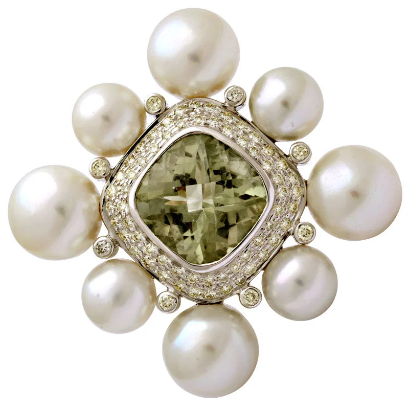 Topaz stone brooch-Brooch-Green Quartz, South Sea Pearl and Diamond