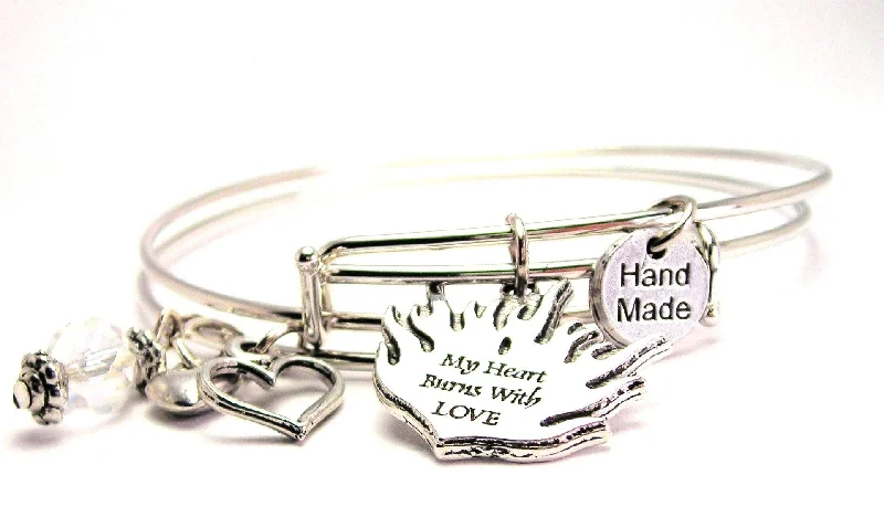 Polished bead bangles-My Heart Burns With Love Expandable Bangle Bracelet Set