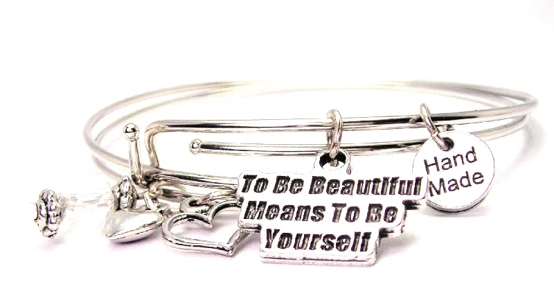 Leaf design bangles-To Be Beautiful Means To Be Yourself Expandable Bangle Bracelet Set