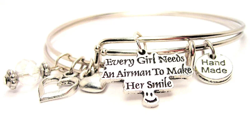 Fiber edge bangles-Every Girl Needs An Air Man To Make Her Smile Expandable Bangle Bracelet Set