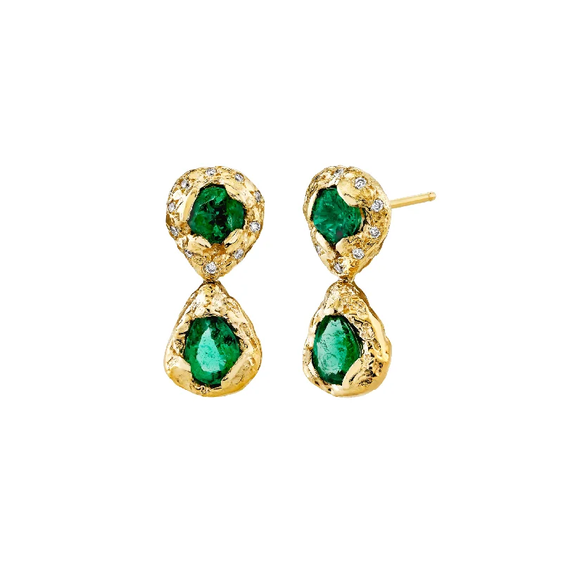 Bright gem earrings-Queen Emerald Drop Earrings with Sprinkled Diamond Halo