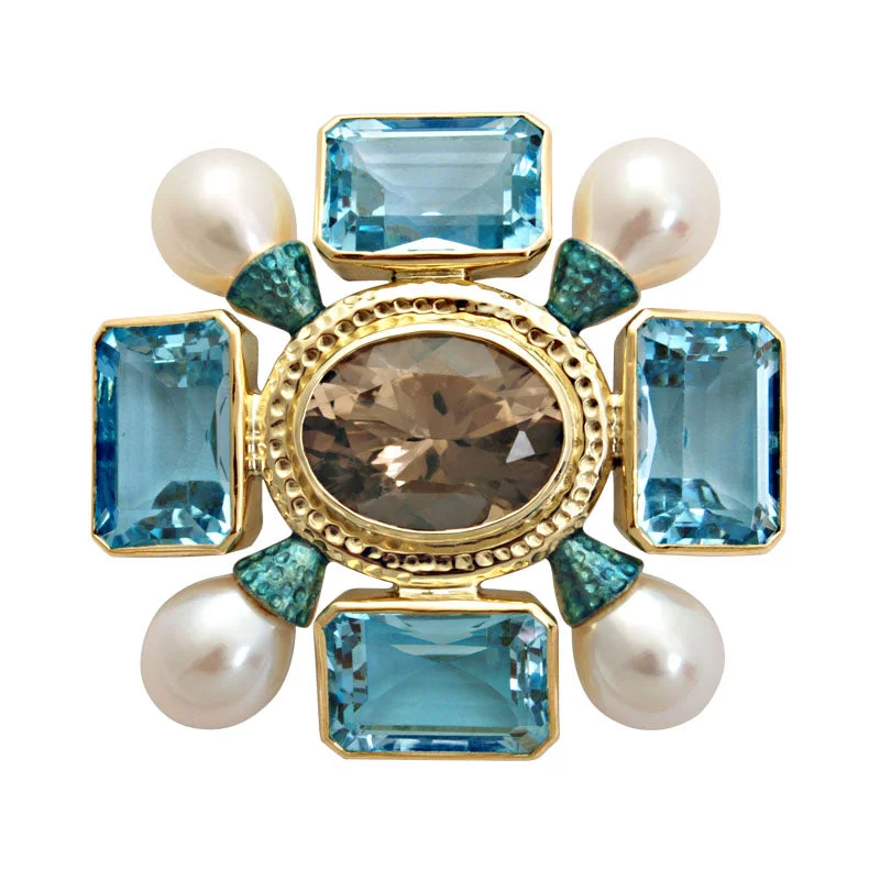 Antique style brooch-Brooch-Smokey Quartz, Blue Topaz and Pearl (Enamel)