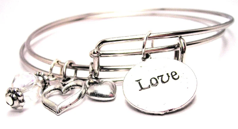 Polished silver bangles-Love Circle Expandable Bangle Bracelet Set