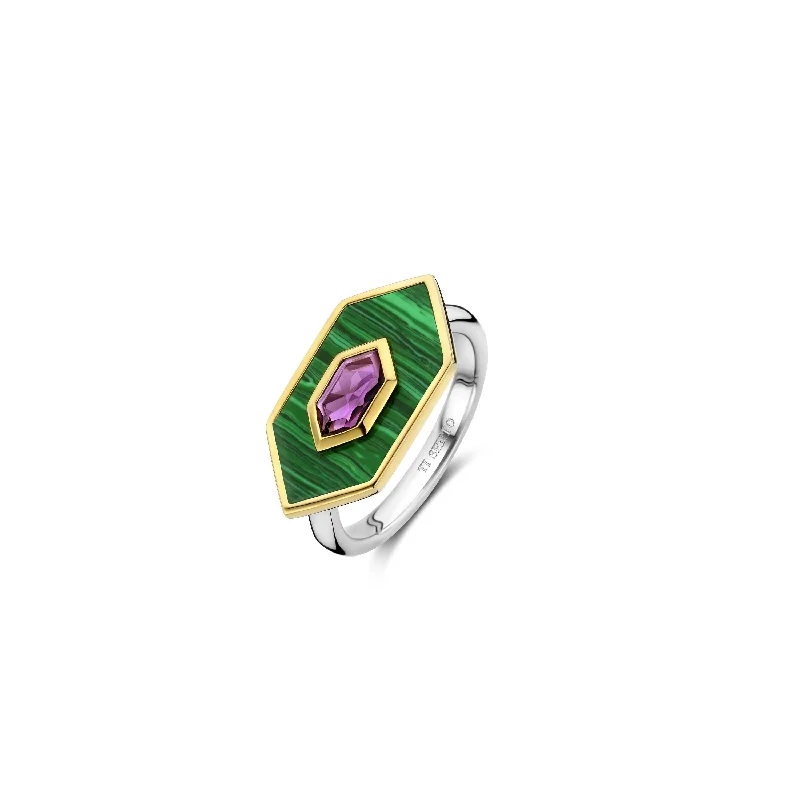 Tiny star rings-Ti Sento Gold Vermeil Malachite Green and Amethyst Purple Ring