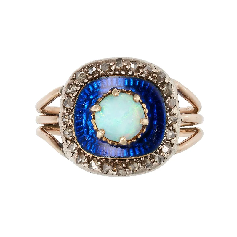 Cluster gem rings-*NEW* Geaorgian Opal & Diamond Blue Enamel 15ct Yellow Gold