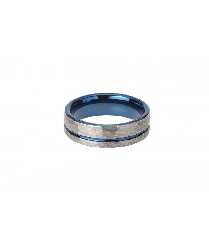 Reef knot rings-Unique & Co 7mm Tungsten Carbide Hammered Blue IP Ring