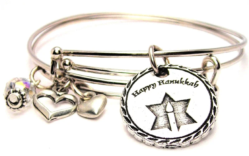 Tiny wing bangles-Happy Hanukkah Detailed Trim Expandable Bangle Bracelet Set