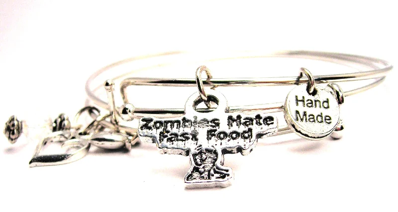 Warm wood bangles-Zombies Hate Fast Food Expandable Bangle Bracelet Set