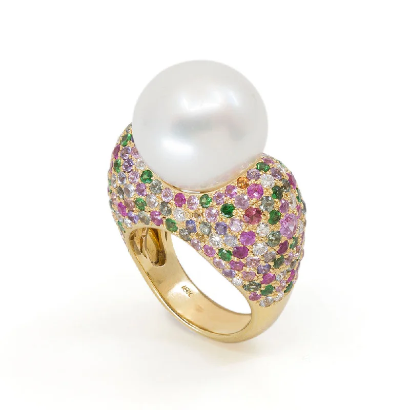 Worn texture rings-South Sea Pearl Ring with Multicolored Gemstones & Diamonds