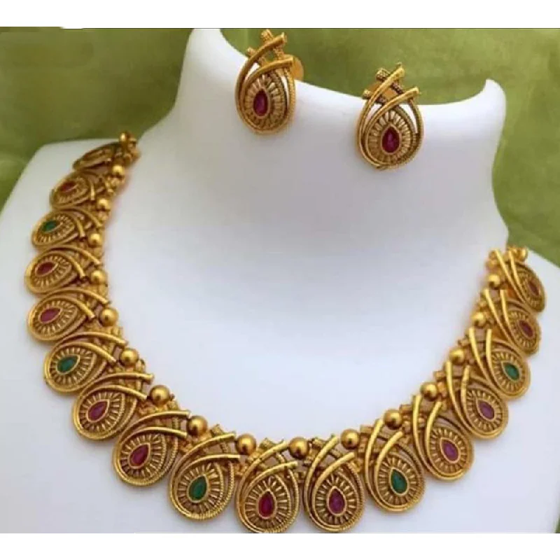 Thick bar necklaces-India Art Gold Plated Pink & Green Pota Stone Choker Necklace Set