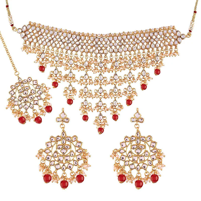 Galaxy charm necklaces-Etnico 18K Gold Plated Traditional Kundan & Pearl Studded Choker Necklace Jewellery Set with Earrings & Maang Tikka For Women (K7064R)