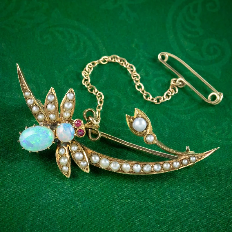 Tiered design brooch-Antique Victorian Opal Pearl Bee And Crescent Brooch 15ct Gold