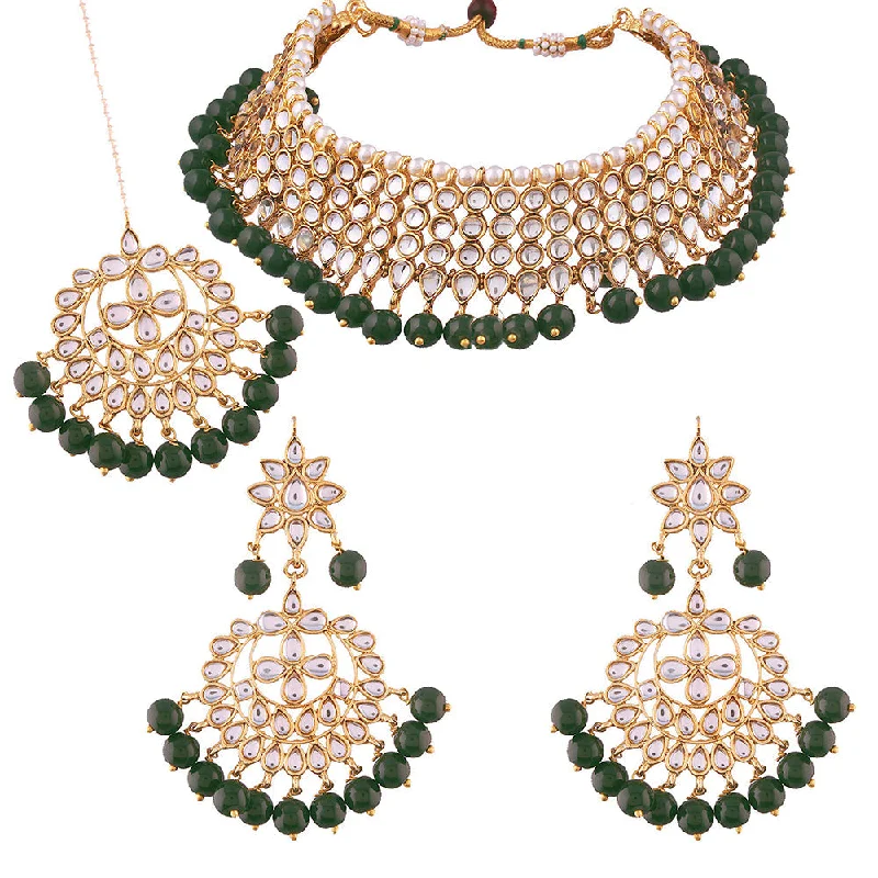 Crystal-twisted necklaces-Etnico 18K Gold Plated Traditional Handcrafted Kundan & Pearl Studded Choker Necklace Jewellery Set with Earrings & Maang Tikka (K7075G)