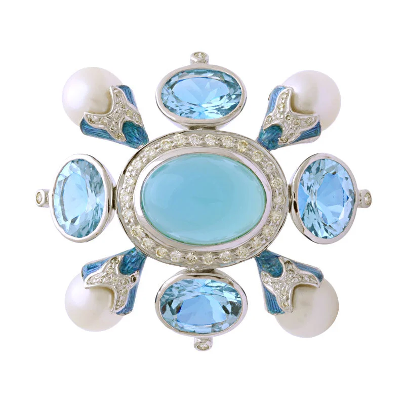 Smooth gem brooch-Brooch-Chalcedony, B. Topaz, South Sea Pearl and Diamond (Enamel)