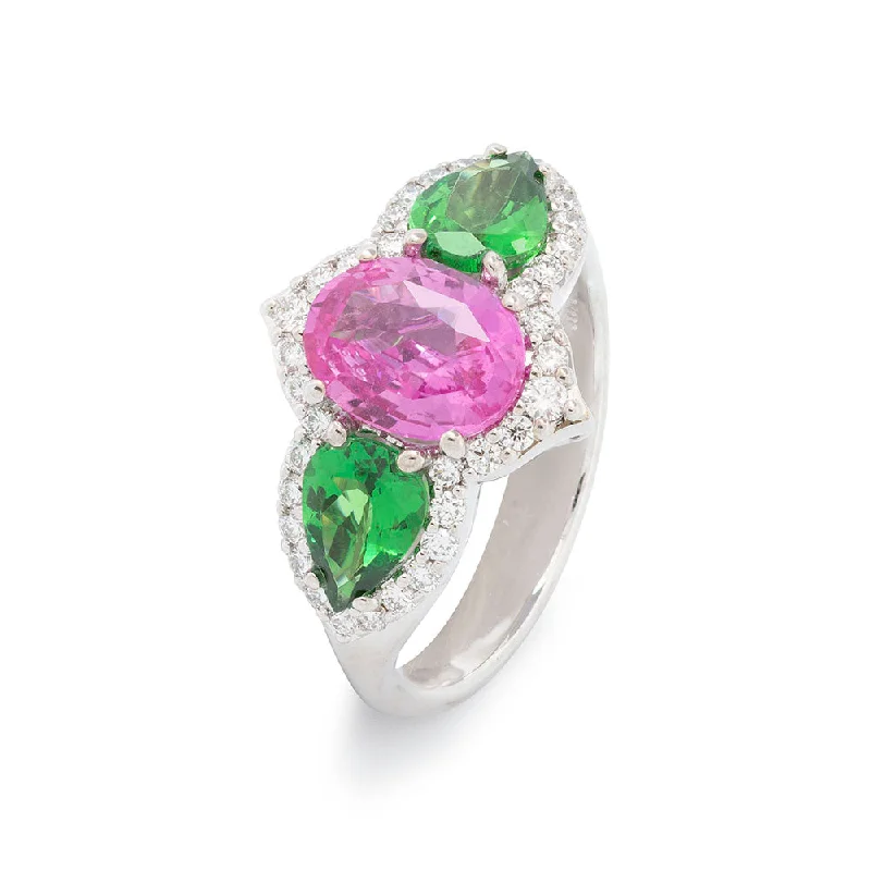 Leaf design rings-Pink Sapphire & Tsavorite 3-Stone Cocktail Ring