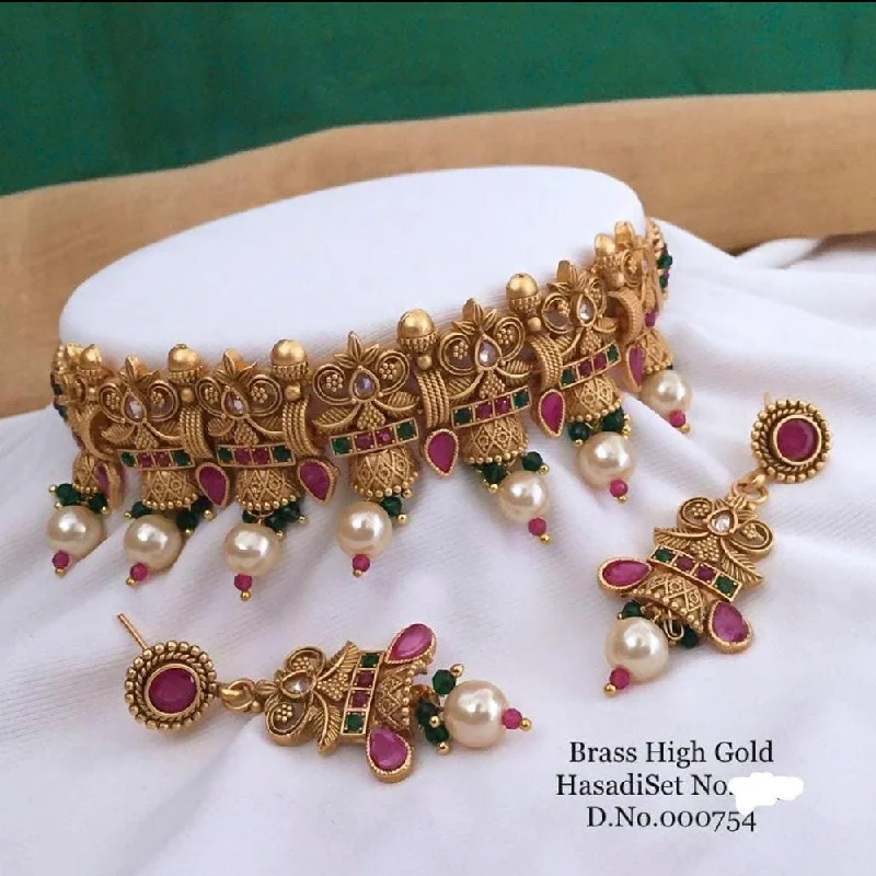 Solid stone necklaces-Sai Fashion Gold Plated Kundan Choker Necklace Set