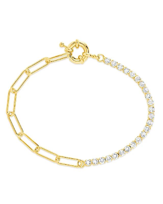 Sleek gold bangles-CZ & Paperclip Chain Bracelet