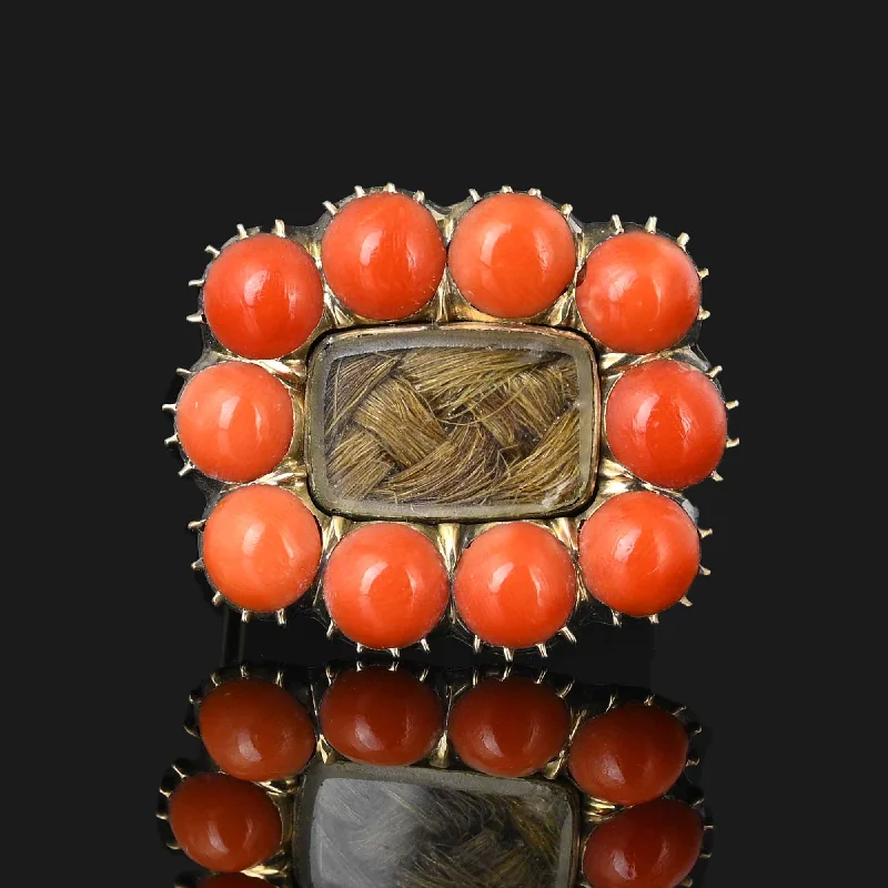 Woven thread brooch-Antique Georgian 10K Gold Coral Brooch Locket