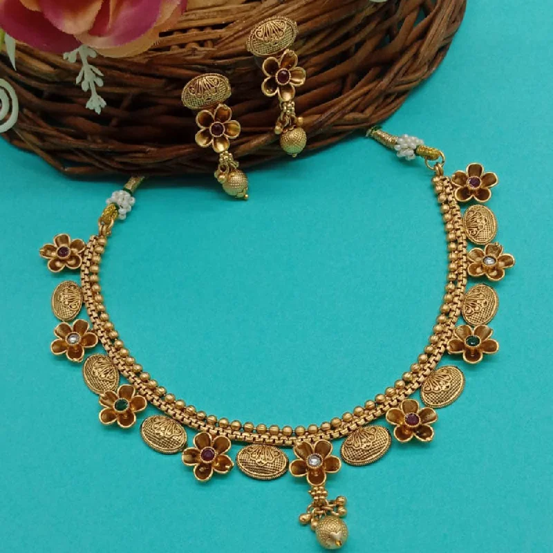 Boho bead necklaces-India Art Gold Plated Pota Stone Necklace Set