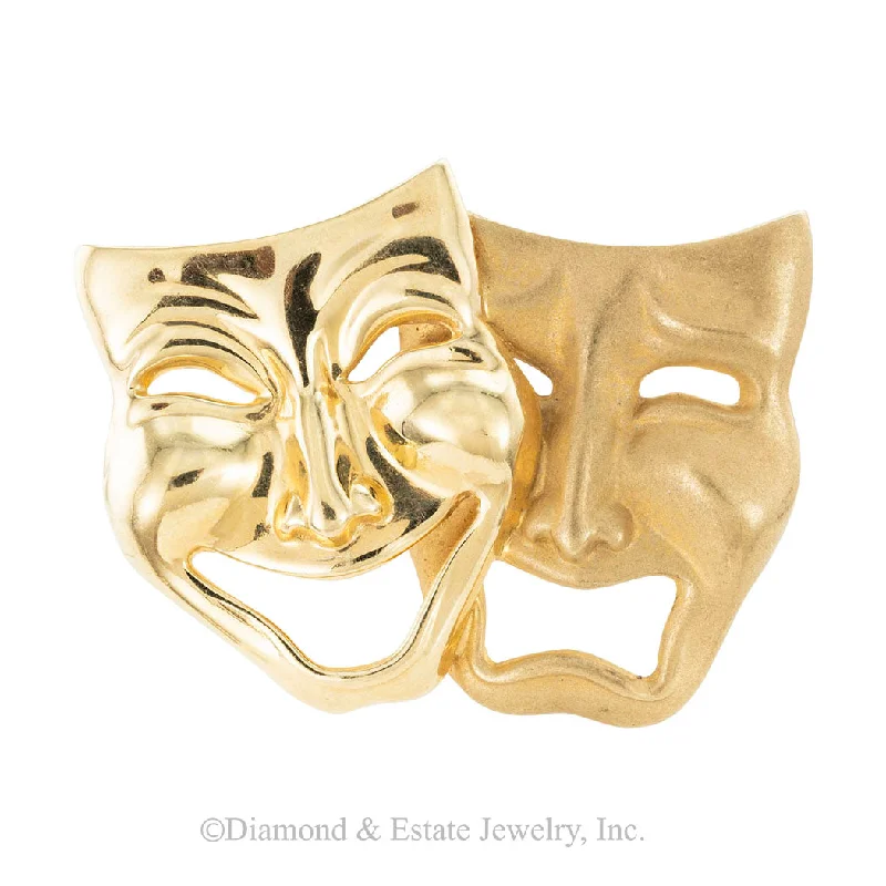 Heavy stone brooch-Comedy Tragedy Masks Yellow Gold Brooch