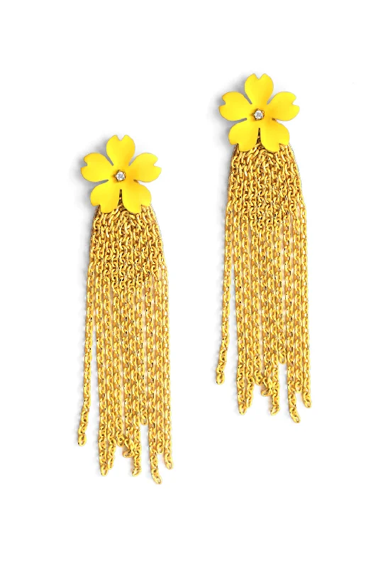 Stellar charm earrings-Flower and Chain Earrings - Yellow