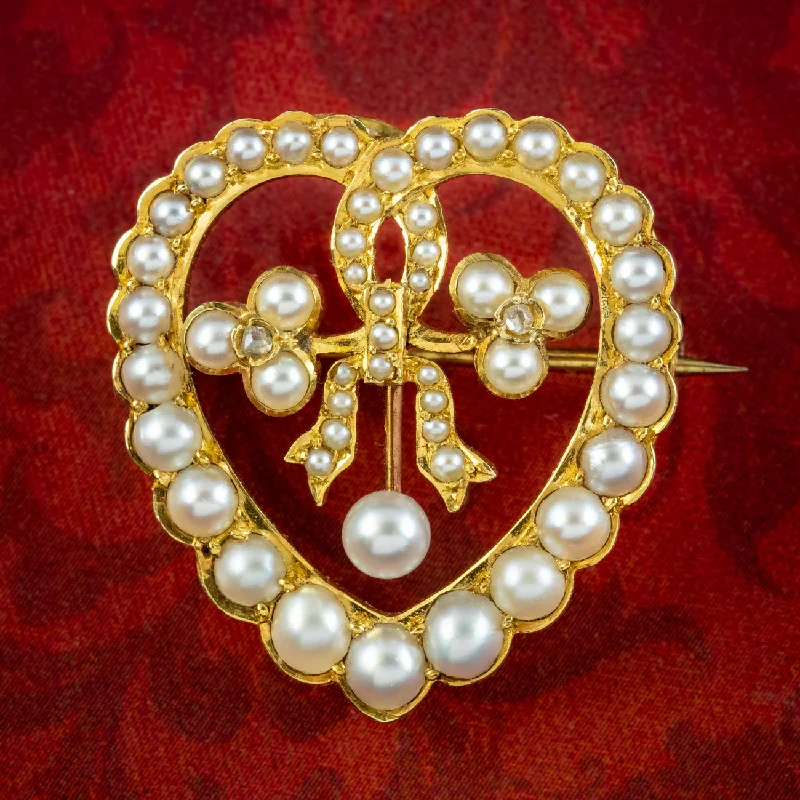 Heavy stone brooch-Antique Edwardian Pearl Diamond Heart Brooch 15ct Gold