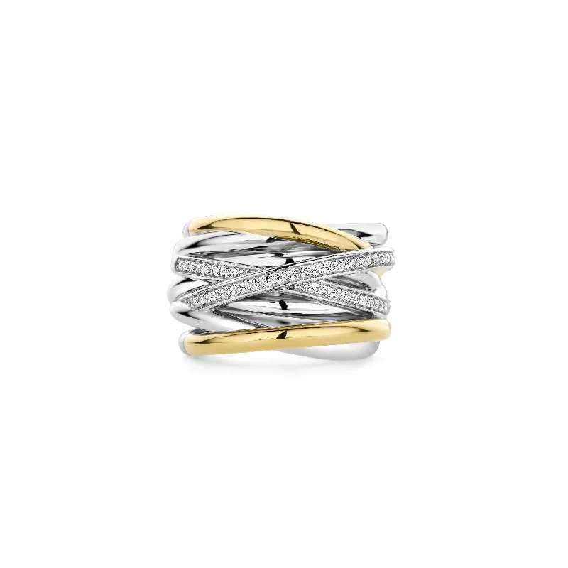 Flow style rings-Ti Sento Gold Silver Cubic Zirconia Twisted Bands Ring