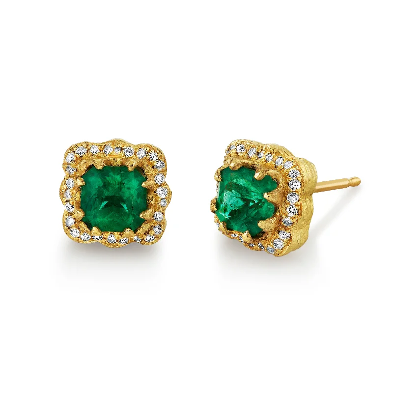 Tiny dot earrings-Asscher Emerald Queen Studs with Full Pave Halo