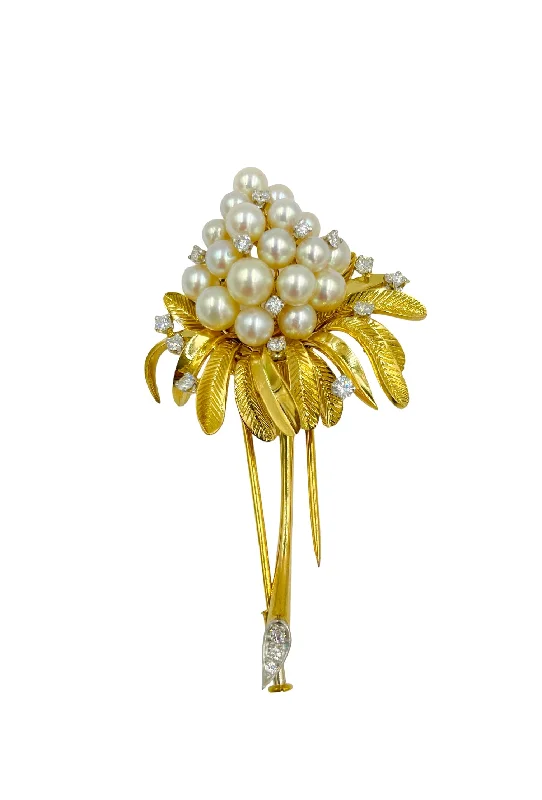 Pink quartz brooch-Tiffany Pearl Diamond Yellow Gold Brooch