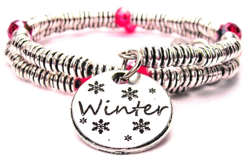 Boho tassel bangles-Winter Circle With Snowflakes Curly Coil Wrap Style Bangle Bracelet