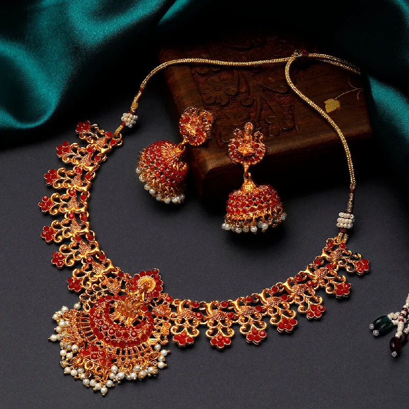 Thin-line necklaces-Shrishti Fashion Traditional Laxmi Design Gold Plated Choker Necklace set For Women.