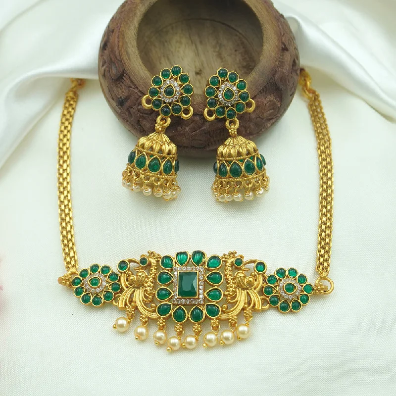 Glittering crystal necklaces-Diksha Collection Gold Plated Pota Stone Choker Necklace Set - N 577 GREEN