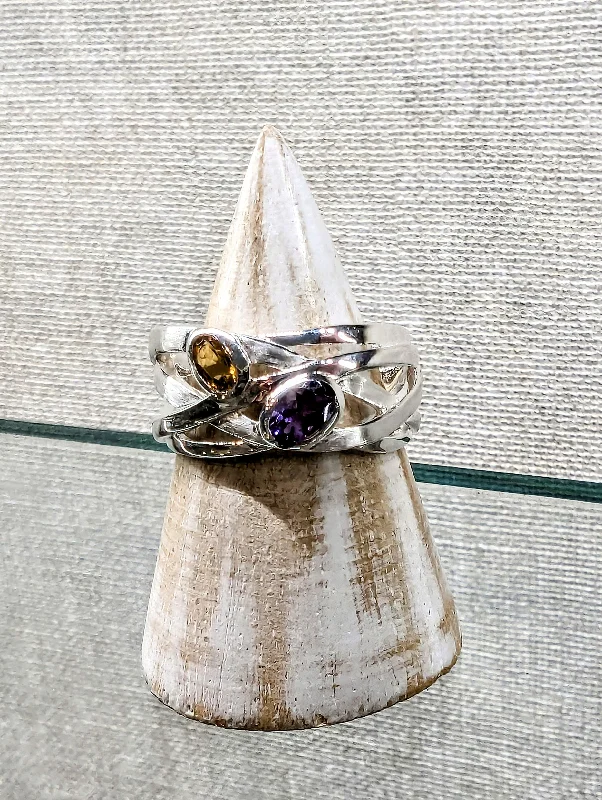 Quartz inlay rings-Silver Amethyst and Citrine Ring