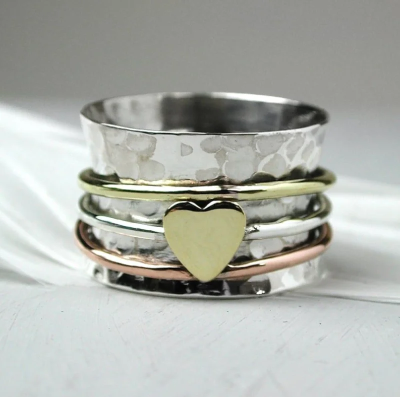 Raven feather rings-POM Sterling Silver Spinning Ring With Single Golden Heart