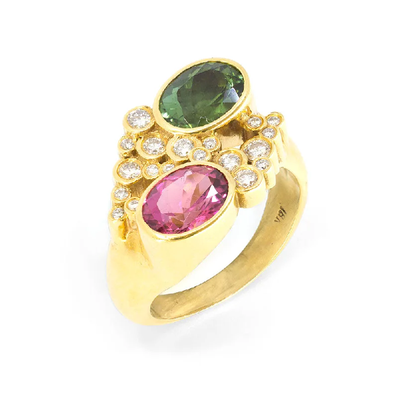 Warm wood rings-Red & Green Tourmaline Duet Ring with Terraced Cluster Diamonds