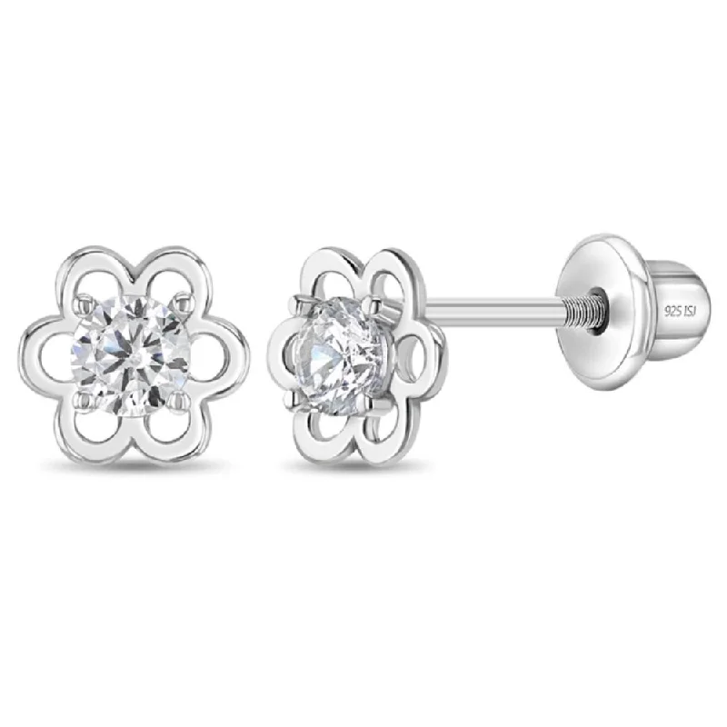 Quirky pair earrings-Children's Sterling Silver Solitaire Flower Clear CZ Earrings