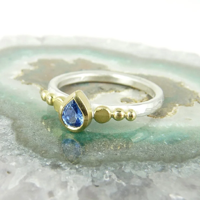 High shine rings-Tear Drop Sapphire Granulation Ring