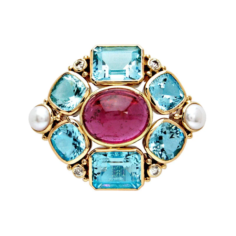 Heavy gem brooch-Brooch-Aquamarine, Rubellite, Pearl and Diamond