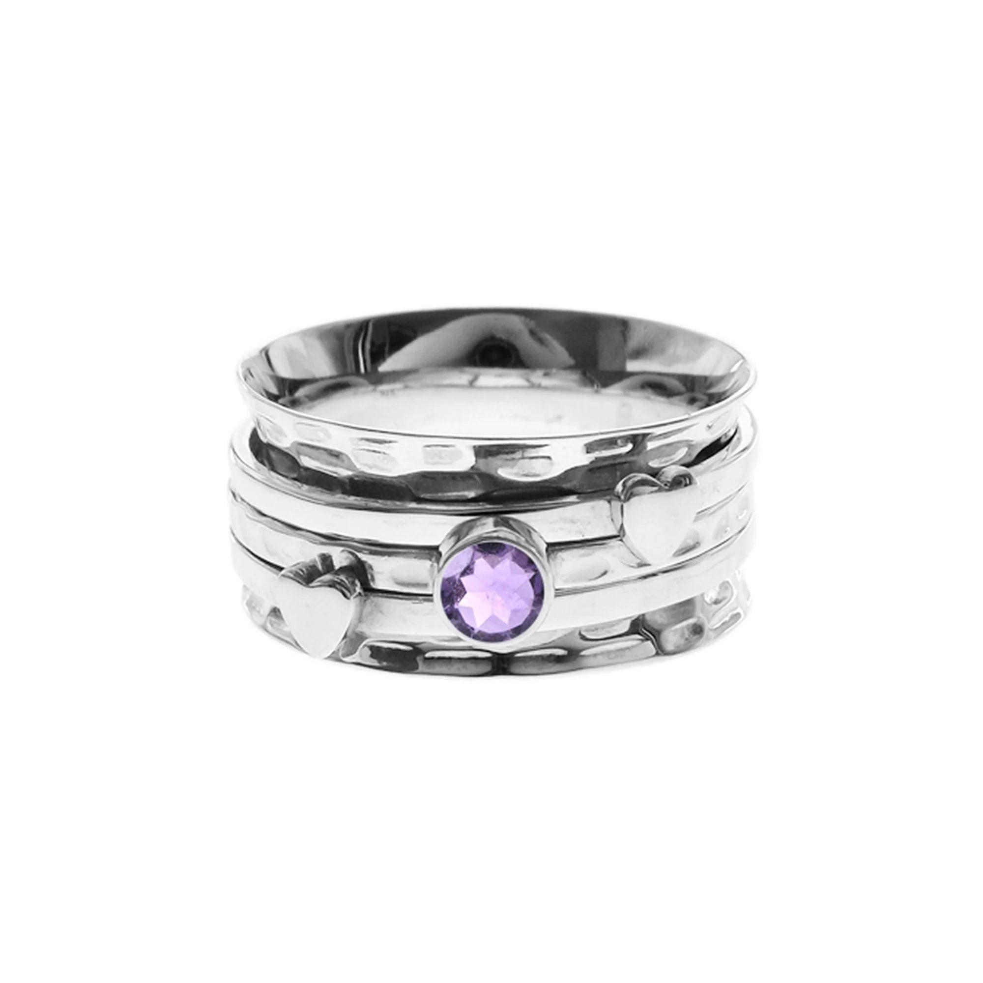 Glossy enamel rings-Amethyst Triple Band Spinning Ring with Hearts