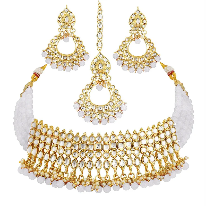 Dual gem necklaces-Etnico 18K Gold-Plated Studded Kundan & Pearl Studded Choker Necklace Jewellery Set for Women Kundan & Girls (K7083W)