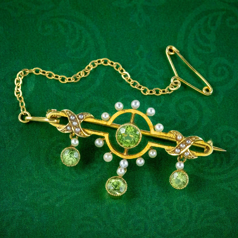 Sculptural floral brooch-Antique Edwardian Peridot Pearl Brooch 15ct Gold