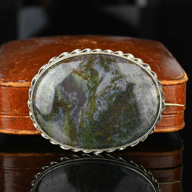 Matte finish brooch-Victorian Silver Large Dendritic Moss Agate Brooch