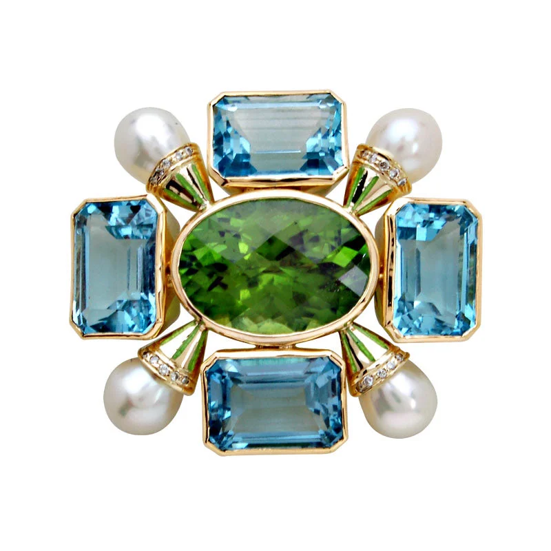 Minimal silver brooch-Brooch-Peridot, Blue Topaz, Pearl and Diamond (Enamel)