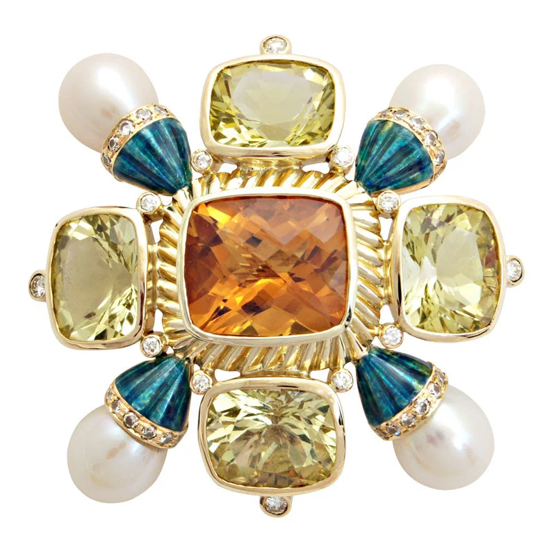 Peace gem brooch-Brooch-Citrine, Lemon Quartz, Pearl and Diamond (Enamel)